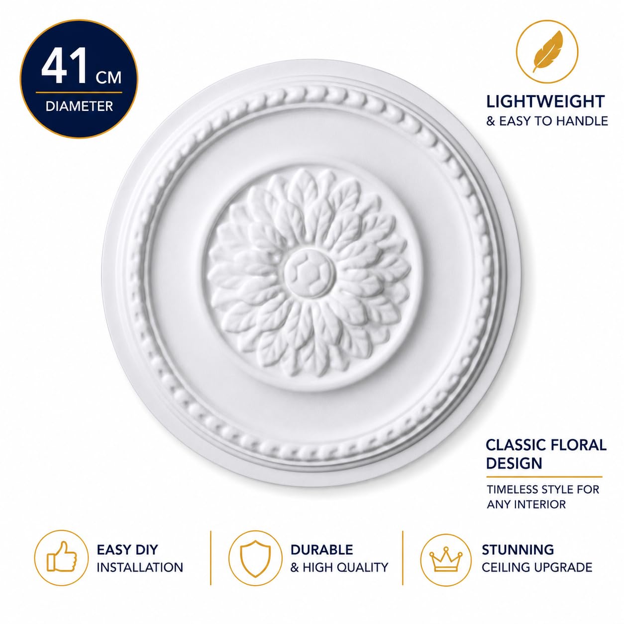 K10 Ceiling Rose Premium 41 cm Large - Floral Ceiling Medallion for Light Fittings & Chandeliers