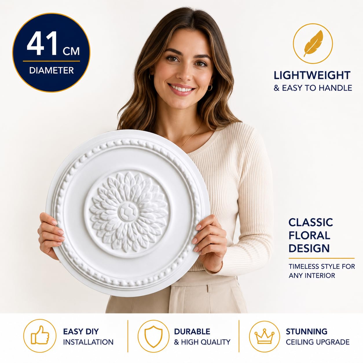 K10 Ceiling Rose Premium 41 cm Large - Floral Ceiling Medallion for Light Fittings & Chandeliers