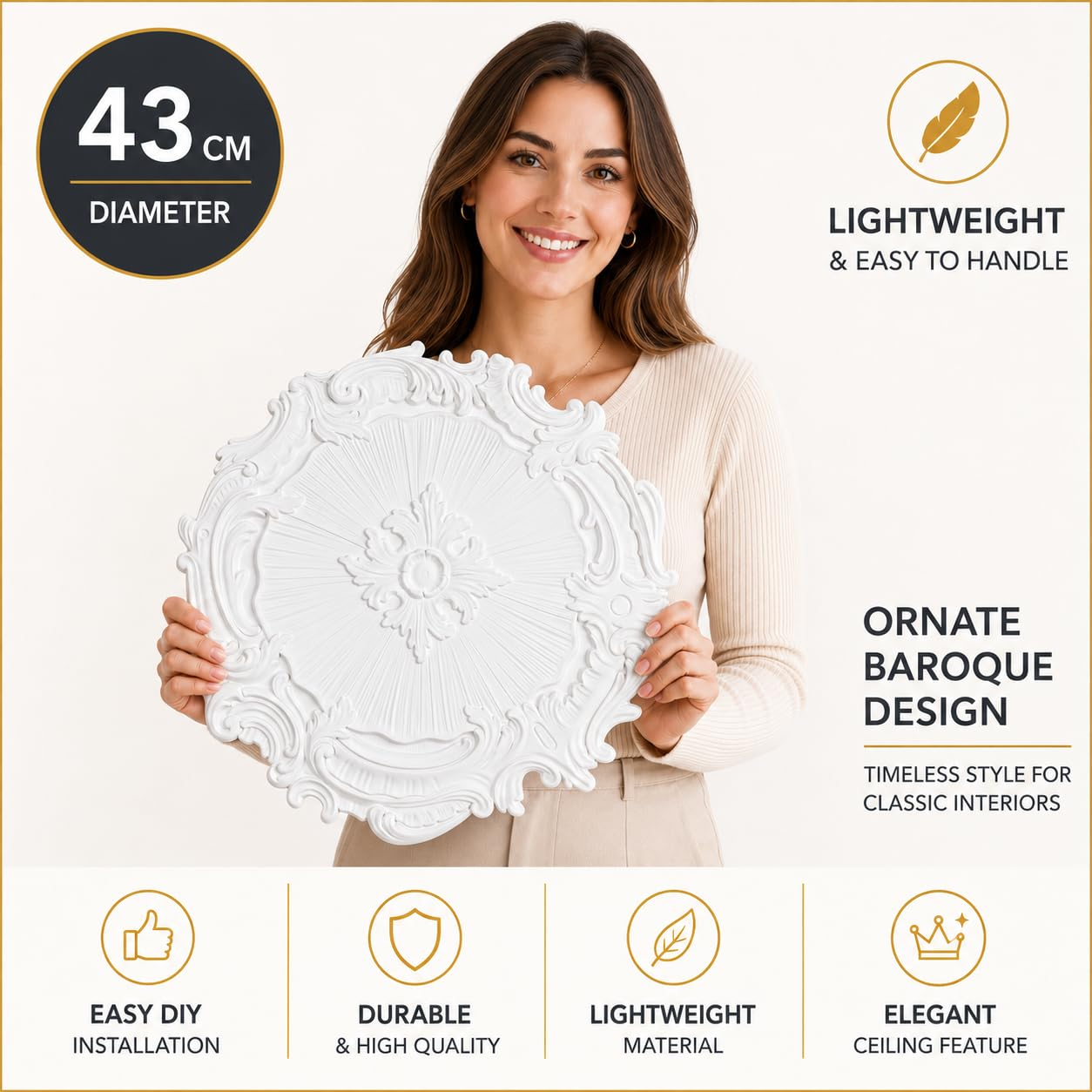 K13 Ceiling Rose Premium 43 cm Medium - Floral Ceiling Medallion for Light Fittings & Chandeliers