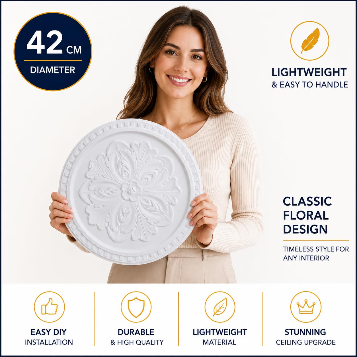 K12 Ceiling Rose Premium 42 cm Large - Floral Ceiling Medallion for Light Fittings & Chandeliers