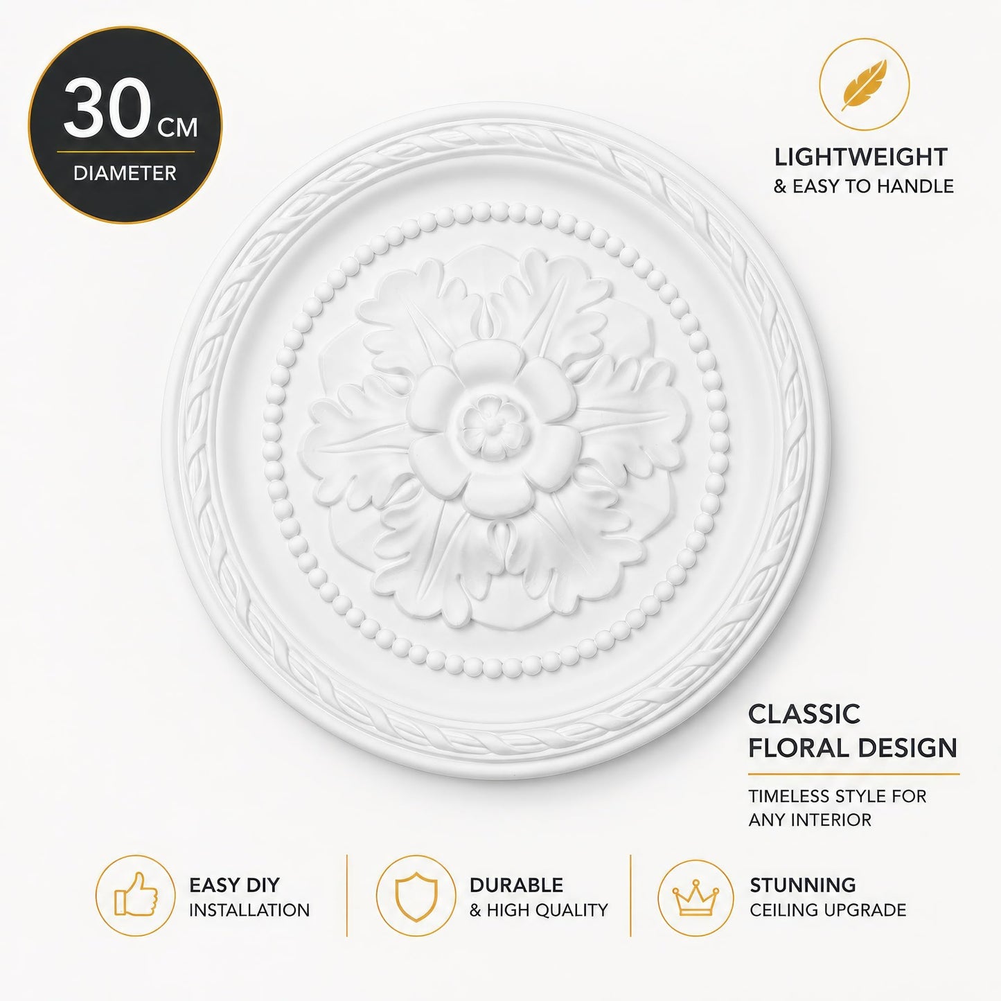 K8 Ceiling Rose Premium 30 cm Medium - Floral Ceiling Medallion for Light Fittings & Chandeliers